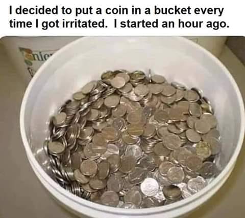 decided to put a coin - I decided to put a coin in a bucket every time I got irritated. I started an hour ago. nic