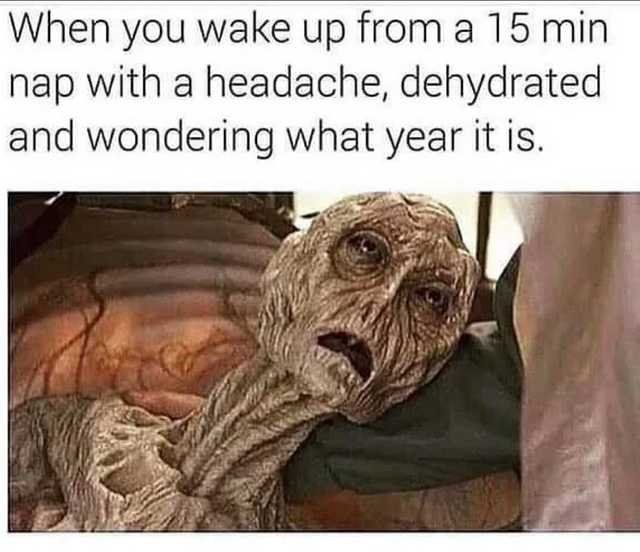 nap meme - When you wake up from a 15 min nap with a headache, dehydrated and wondering what year it is.