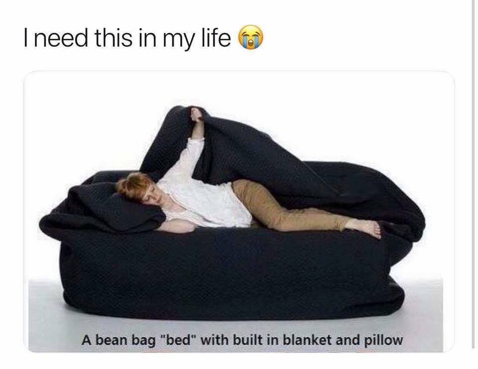 bean bag with built in blanket and pillow - I need this in my life A bean bag "bed" with built in blanket and pillow