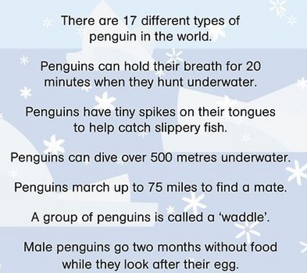 document - There are 17 different types of penguin in the world. Penguins can hold their breath for 20 minutes when they hunt underwater. Penguins have tiny spikes on their tongues to help catch slippery fish. Penguins can dive over 500 metres underwater.