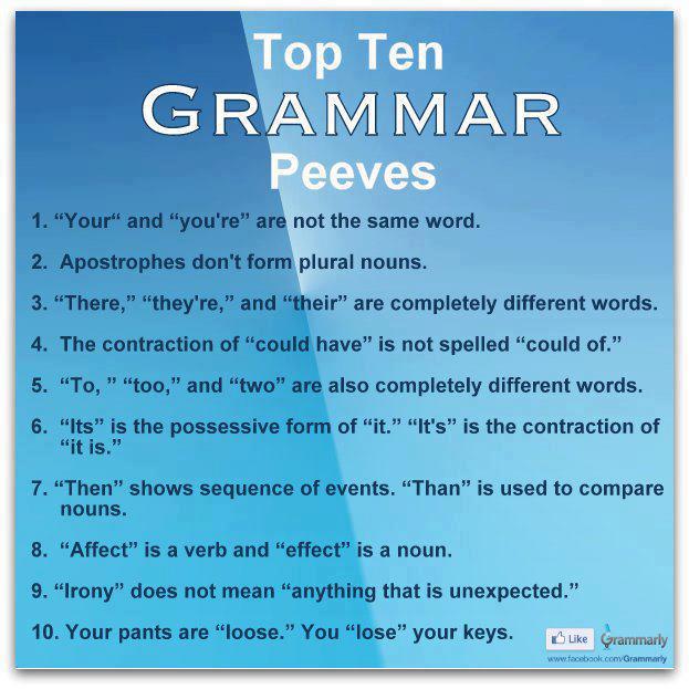 slime pet peeves list - Top Ten Grammar Peeves 1. "Your" and "you're" are not the same word. 2. Apostrophes don't form plural nouns. 3. "There," "they're," and "their" are completely different words. 4. The contraction of "could have" is not spelled "coul