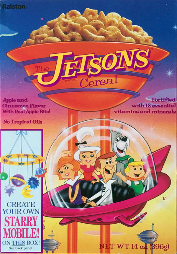 jetsons cereal - Ralston Jetsons Cereal Apple and Cinnamon Flavor With Real Apple Bits! No Tropical Oils Fortified with 12 essential vitamins and minerals K Create Your Own Starry Mobile!! On This Box! See back panel Net Wt. 14 oz. 396g