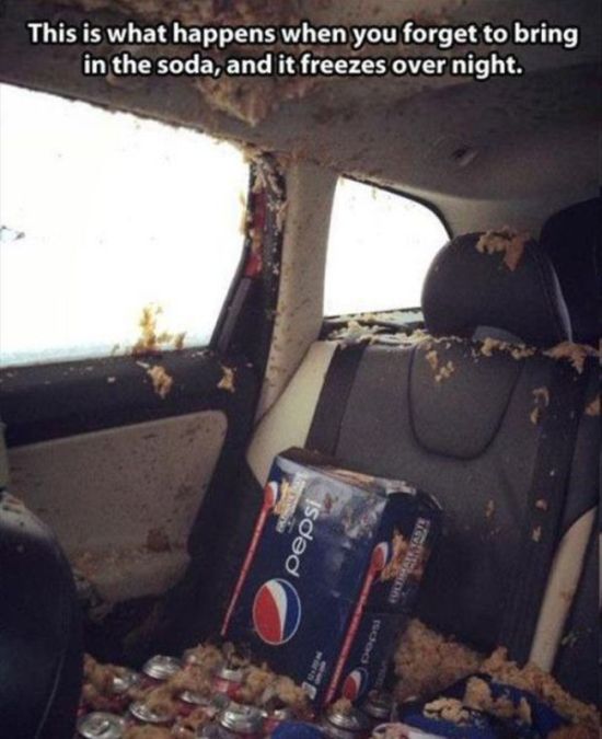 pepsi explodes in car - This is what happens when you forget to bring in the soda, and it freezes over night. isdd