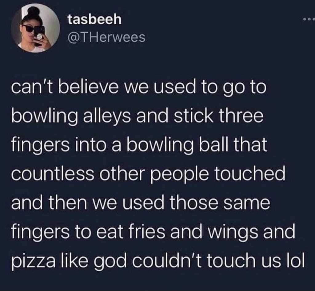 presentation - tasbeeh can't believe we used to go to bowling alleys and stick three fingers into a bowling ball that countless other people touched and then we used those same fingers to eat fries and wings and pizza god couldn't touch us lol