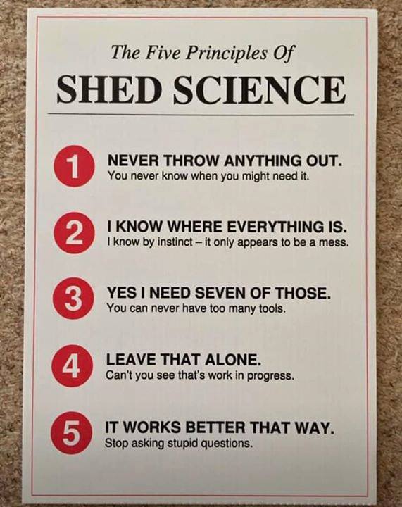 sign - The Five Principles of Shed Science 1 Never Throw Anything Out. You never know when you might need it. 2 I Know Where Everything Is. I know by instinct it only appears to be a mess. 3 Yes I Need Seven Of Those. You can never have too many tools. 4 
