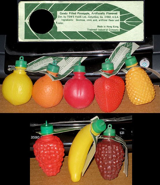 plastic candy with juice inside - Candy Filled Pineapple, Artificially Flavored Dist. by Tom'S Foods Ltd., Columbus, Ga. 31902, U.S.A. Ingredients Dextrose, citric acid, artificial flavor and color. Made in Hong Kong Tradewell Industrial Company Epson 359