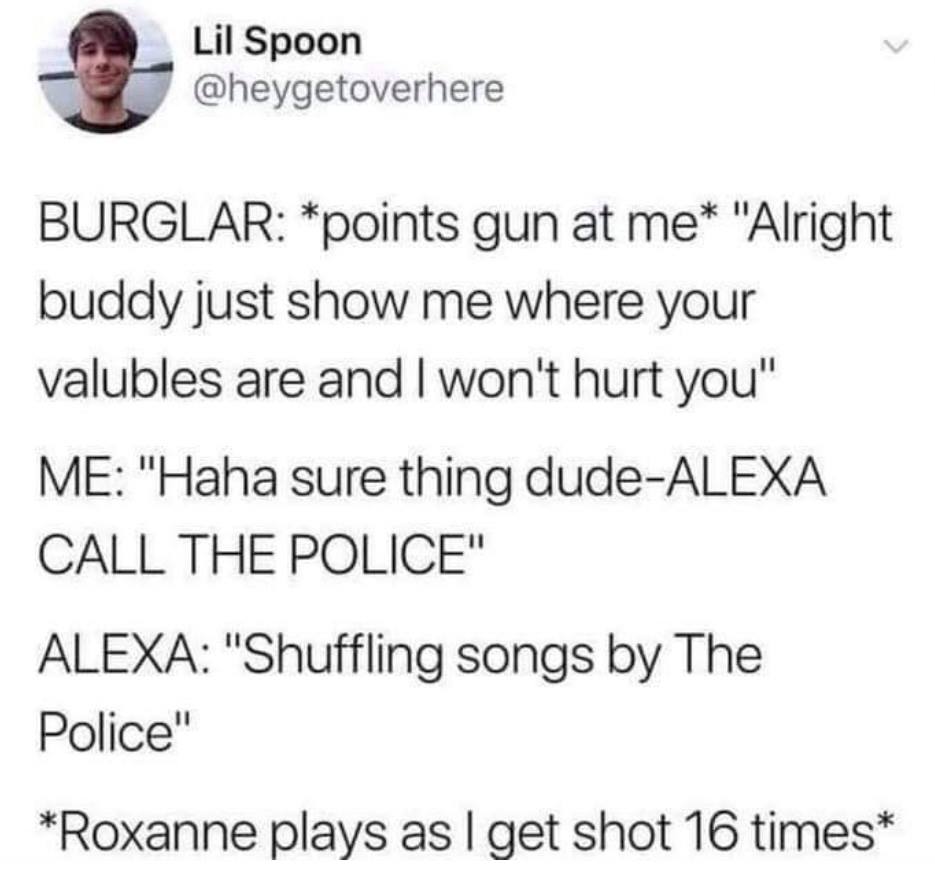 paper - Lil Spoon Burglar points gun at me "Alright buddy just show me where your valubles are and I won't hurt you" Me "Haha sure thing dudeAlexa Call The Police" Alexa "Shuffling songs by The Police" Roxanne plays as I get shot 16 times