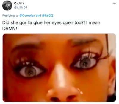 gorilla glue girl meme - CJillz cjit204 complex and ItsGo Did she gorilla glue her eyes open too?! I mean Damn!