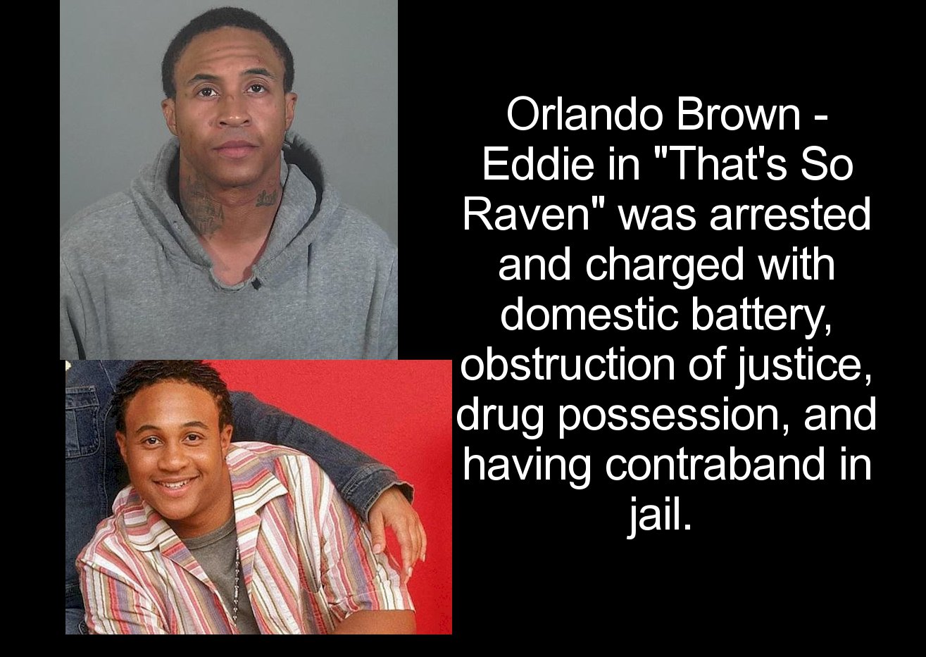 human - Orlando Brown Eddie in "That's So Raven" was arrested and charged with domestic battery, obstruction of justice, drug possession, and having contraband in jail.