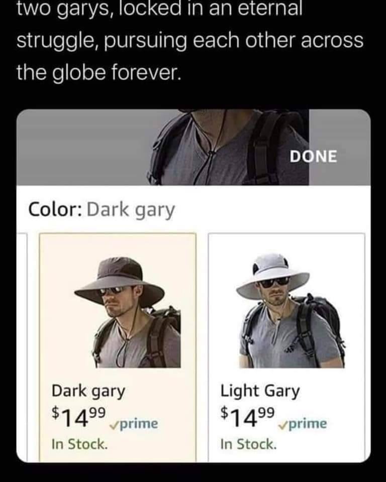 dark gary light gary - two garys, locked in an eternal struggle, pursuing each other across the globe forever. Done Color Dark gary Dark gary Light Gary $1499 prime $1499 prime In Stock. In Stock.