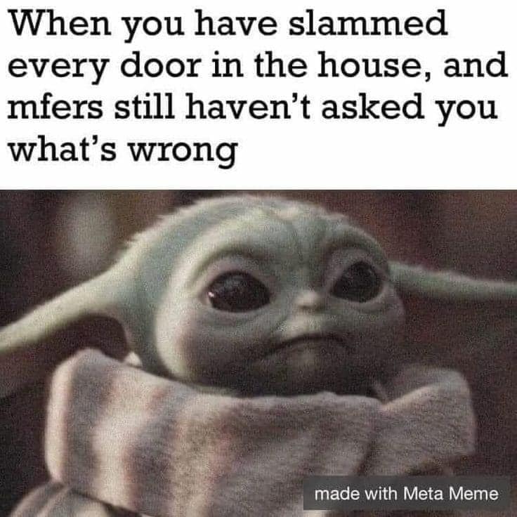 relatable memes - photo caption - When you have slammed every door in the house, and mfers still haven't asked you what's wrong made with Meta Meme