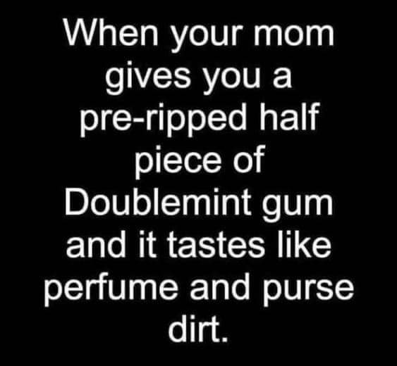 relatable memes - blues song lyrics - When your mom gives you a preripped half piece of Doublemint gum and it tastes perfume and purse dirt.