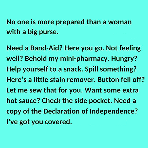 angle - No one is more prepared than a woman with a big purse. Need a BandAid? Here you go. Not feeling well? Behold my minipharmacy. Hungry? Help yourself to a snack. Spill something? Here's a little stain remover. Button fell off? Let me sew that for yo