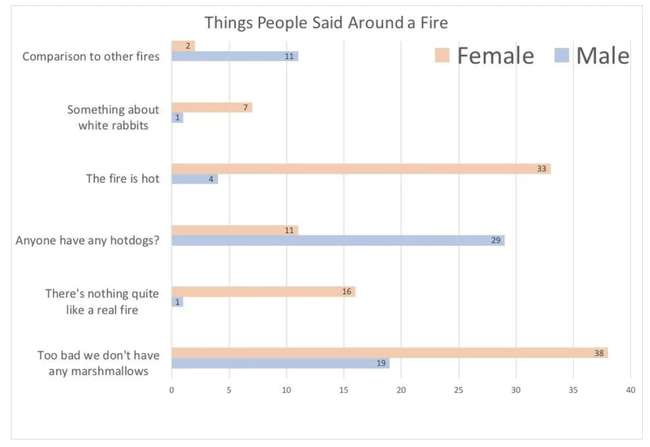 people say to fires - Things People Said Around a Fire Comparison to other fires Female Male Something about white rabbits The fire is hot 11 Anyone have any hotdogs? 16 There's nothing quite a real fire 35 Too bad we don't have any marshmallows 19 10 15 
