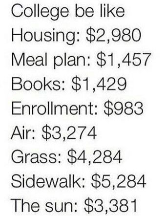 College be Housing $2,980 Meal plan $1,457 Books $1,429 Enrollment $983 Air $3,274 Grass $4,284 Sidewalk $5,284 The sun $3,381