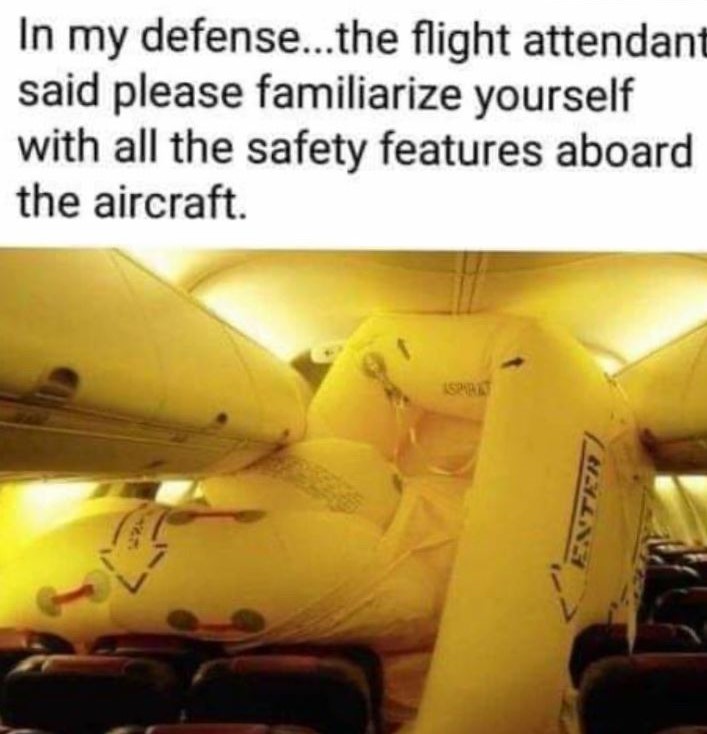 bizarre and wtf posts - my defence the flight attendant - In my defense...the flight attendant said please familiarize yourself with all the safety features aboard the aircraft. Sa Enten