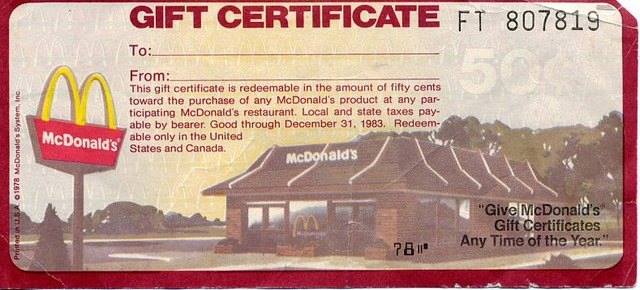 And yes, McDonald's gift certificates for birthdays and Christmas gifts was a thing, thank goodness those are long gone