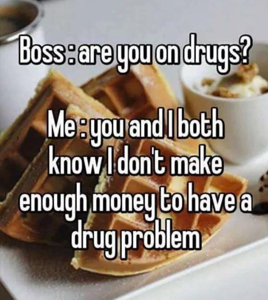 recipe - Boss are you on drugs? Meyou and I both know I don't make enough money to have a drug problem