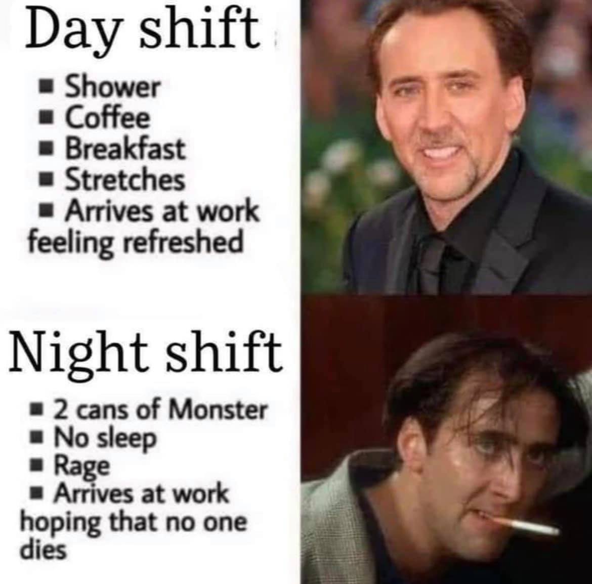 trade worker memes - Day shift Shower Coffee Breakfast Stretches Arrives at work feeling refreshed Night shift 2 cans of Monster No sleep Rage Arrives at work hoping that no one dies