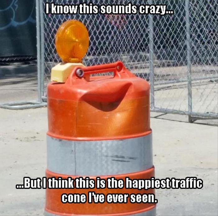 funny traffic cones - I know this sounds crazy... ...But I think this is the happiest traffic cone I've ever seen.
