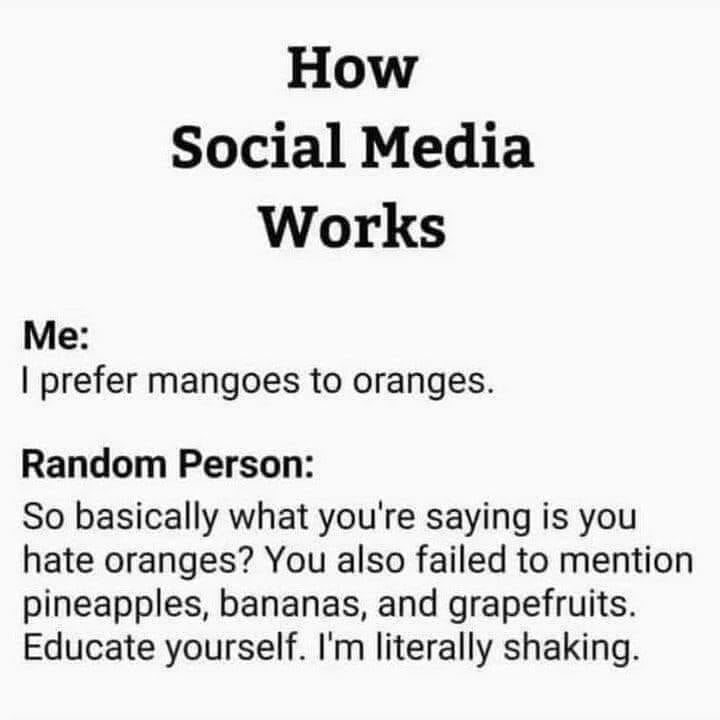 social media works meme - How Social Media Works Me I prefer mangoes to oranges. Random Person So basically what you're saying is you hate oranges? You also failed to mention pineapples, bananas, and grapefruits. Educate yourself. I'm literally shaking.
