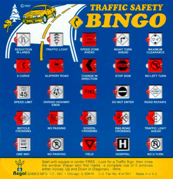 banner - 1997 Traffic Safety Bingo 125 Reduction In Lanes Traffic Light Speed Zone Ahead Right Turn Ahead Maximum Clearance 32 510 S Curve Slippery Road Change In Direction Stop Sign No Left Turn Free 45 Speed Umif Divided Highway Ends Do Not Enter Road R