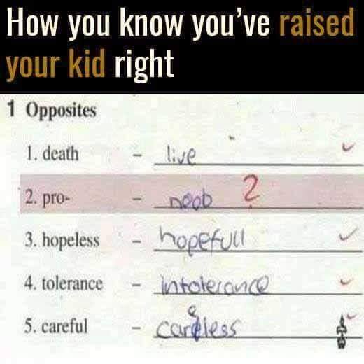 funny gaming memes - handwriting - How you know you've raised your kid right 1 Opposites 1. death 2. pro Dood 3. hopeless 2 hopefull intolerance careless 4. tolerance 5. careful $