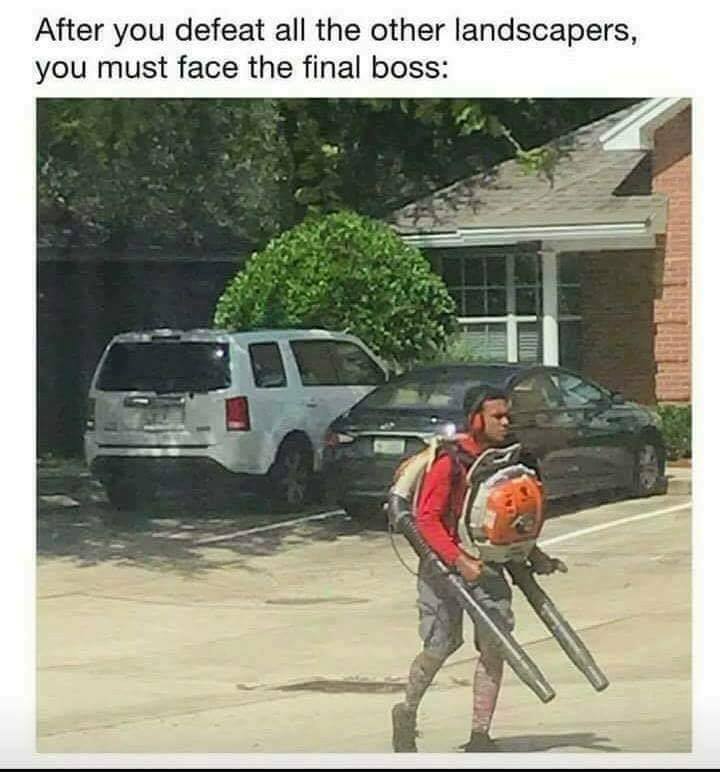 funny gaming memes - dual wielding leaf blower - After you defeat all the other landscapers, you must face the final boss