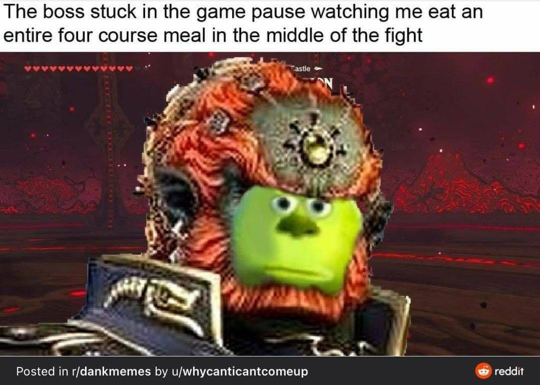 funny gaming memes - photo caption - The boss stuck in the game pause watching me eat an entire four course meal in the middle of the fight Castle La Posted in rdankmemes by uwhycanticantcomeup reddit