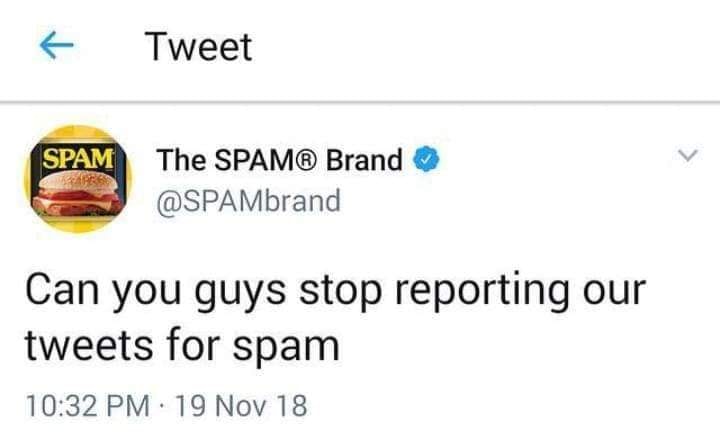 spam can - 7 Tweet Spam The Spam Brand Can you guys stop reporting our tweets for spam . 19 Nov 18
