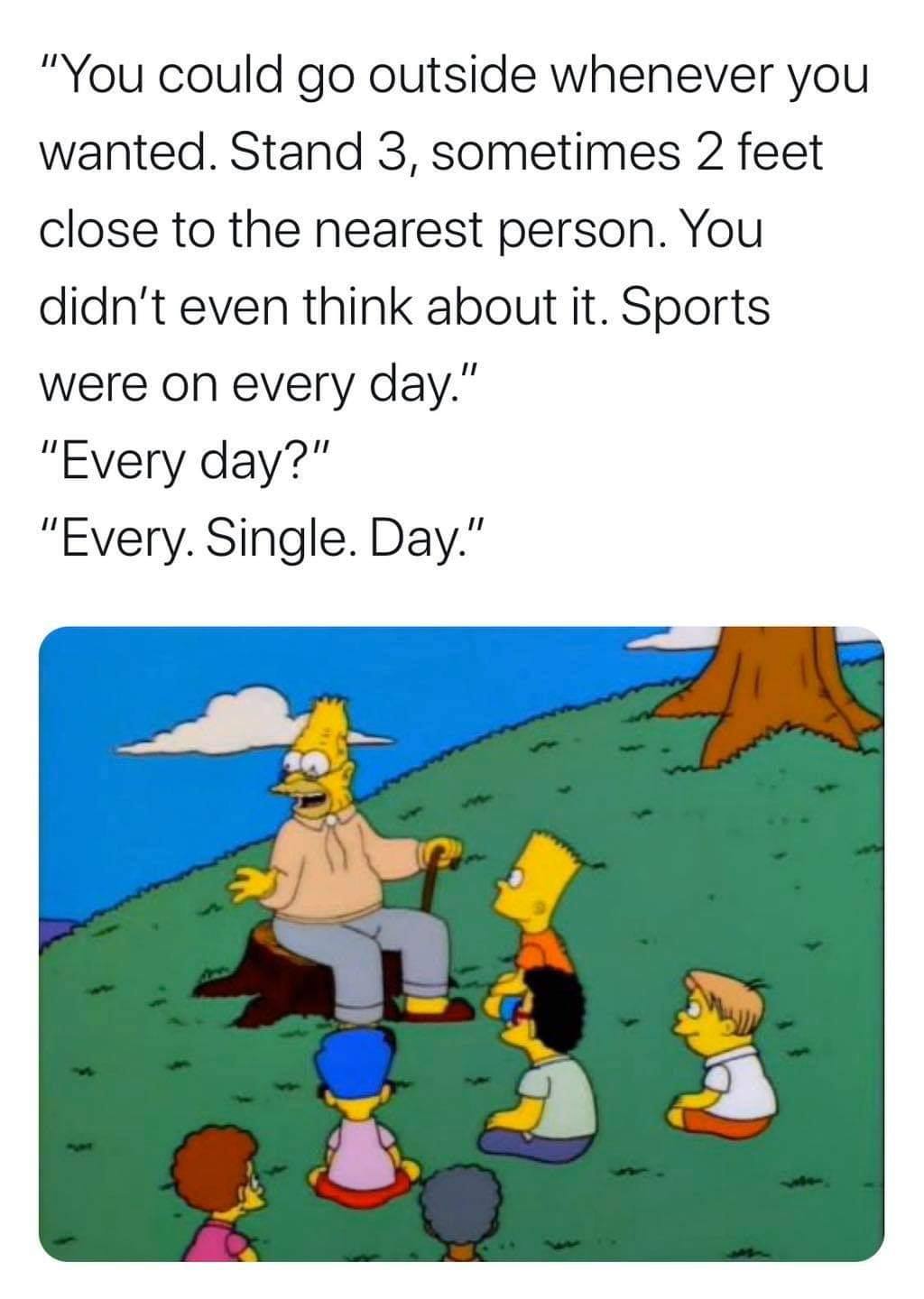 funny memes - hilarious memes - simpsons meme - "You could go outside whenever you wanted. Stand 3, sometimes 2 feet close to the nearest person. You didn't even think about it. Sports were on every day." "Every day?" "Every. Single. Day."