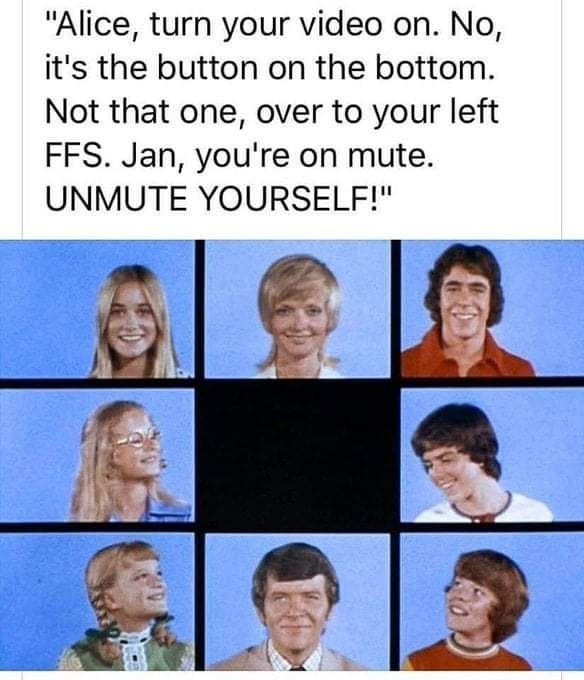 funny memes - hilarious memes - brady bunch zoom meme - "Alice, turn your video on. No, it's the button on the bottom. Not that one, over to your left Ffs. Jan, you're on mute. Unmute Yourself!"