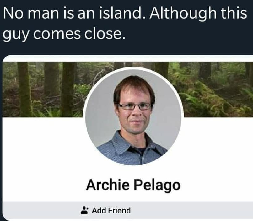 funny memes - hilarious memes - archie pelago no man is an island - No man is an island. Although this guy comes close. Archie Pelago Add Friend