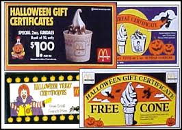 This was the decade when adults became paranoid that bad guys were sticking razors in candy apples and drugs in cupcakes to hand out. People were encouraged to no longer give trick or treaters homemade items and even wrapped candy became suspicious, so there were a few years you walked away with a light bag filled with coupons to redeem later. Kids everywhere rebelled and the companies usually wound up not even having to redeem the coupons because they got lost or parents didn't feel like taking the kids to get their freebie. Total rip off.