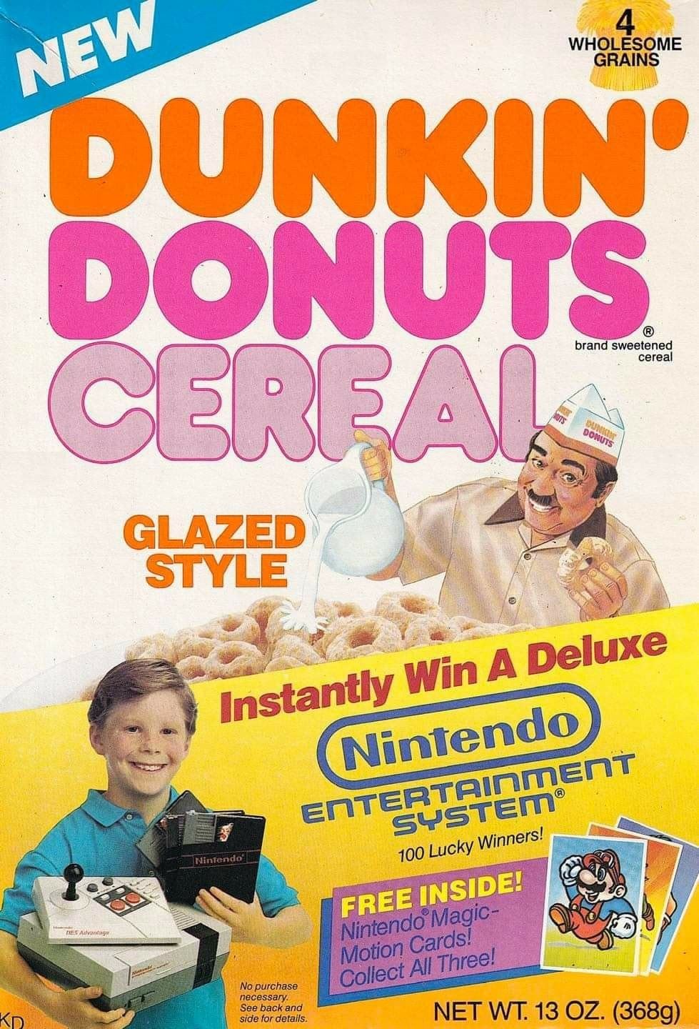 dunkin donuts - 4 Wholesome Grains New Dunkin Donuts Cereal brand sweetened cereal Muts Duma Donuts Glazed Style Instantly Win A Deluxe Nintendo Entertainment System Nintendo 100 Lucky Winners! Advantage Free Inside! Nintendo Magic Motion Cards! Collect A