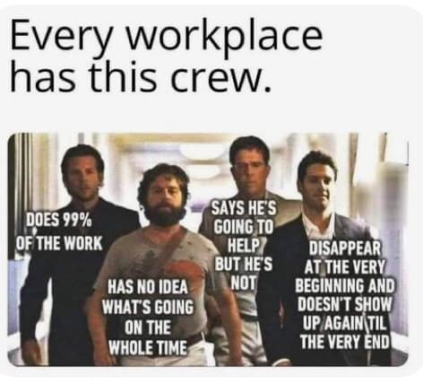 every workplace has this crew - Every workplace has this crew. Does 99% Of The Work Says He'S Going To Help But He'S Not Has No Idea What'S Going On The Whole Time Disappear At The Very Beginning And Doesn'T Show Up Again Til The Very End
