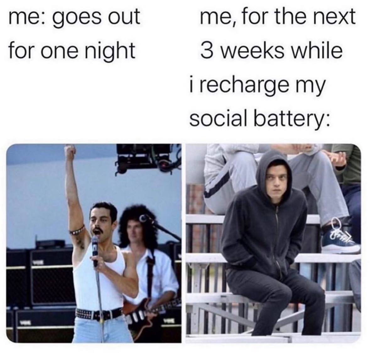 social anxiety memes - me goes out for one night me, for the next 3 weeks while i recharge my social battery