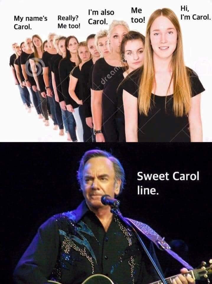 name puns - My name's Carol. Hi, I'm Carol. I'm also Carol. Really? Me too! Me too! dream Sweet Carol line.