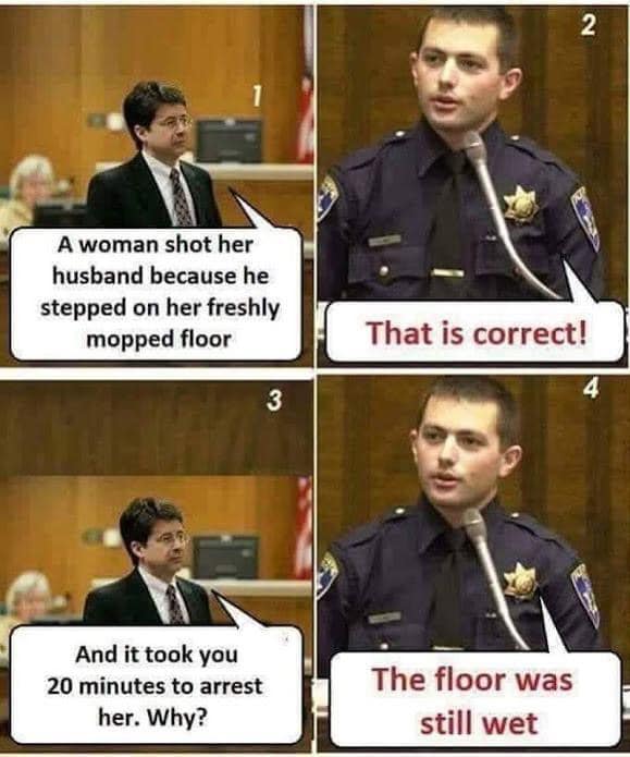 floor was still wet meme - N A woman shot her husband because he stepped on her freshly mopped floor That is correct! 4 3 And it took you 20 minutes to arrest her. Why? The floor was still wet