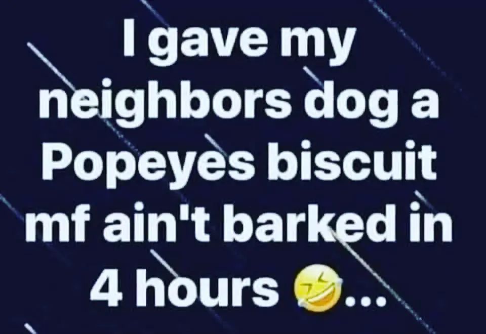 I gave my neighbors dog a Popeyes biscuit mf ain't barked in 4 hours