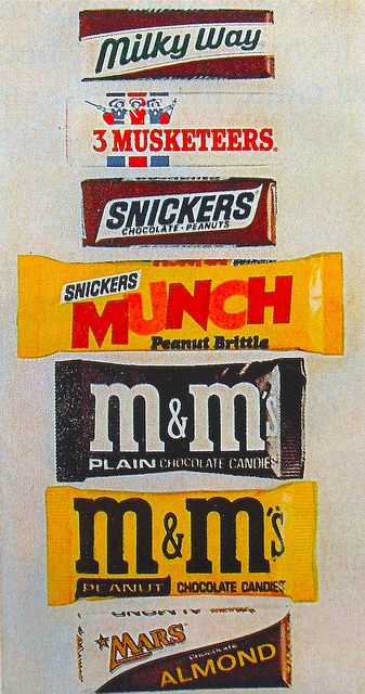throwback food - 1970s candy wrapper - Milky Way 3 Musketeers Snickers Chocolate Peanuts Snickers Mnch Peanut Brittle Plain Chocolate Candies mem mem Eanut Chocolate Candies New Son Ma Mars Almond