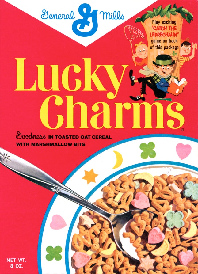 throwback food - general mills - General Mills Play exciting "Catch The Leprechaun" game on back of this package w & Lucky Charms Goodness In Toasted Oat Cereal With Marshmallow Bits S Net Wt. 8 Oz.