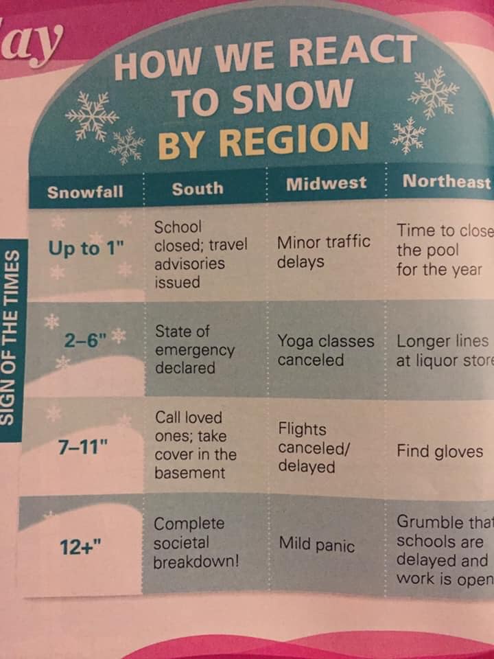 winter memes - poster - How We React To Snow By Region South Midwest Snowfall Northeast Up to 1" School closed; travel advisories issued Minor traffic delays Time to close the pool for the year Sign Of The Times 26" State of emergency declared Yoga classe