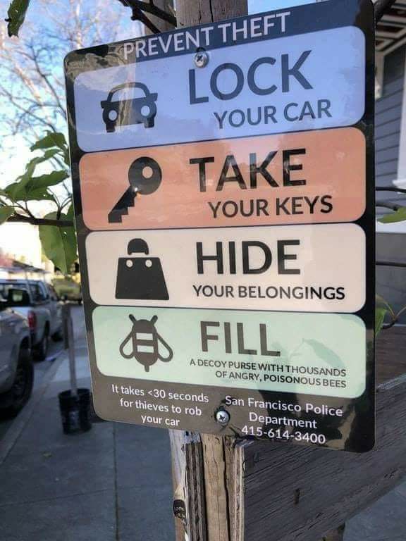 dank memes - car memes - lock your car take your keys hide your belongings signs - Prevent Theft Lock Your Car Take Your Keys Hide Your Belongings Fill A Decoy Purse With Thousands Of Angry, Poisonous Bees It takes