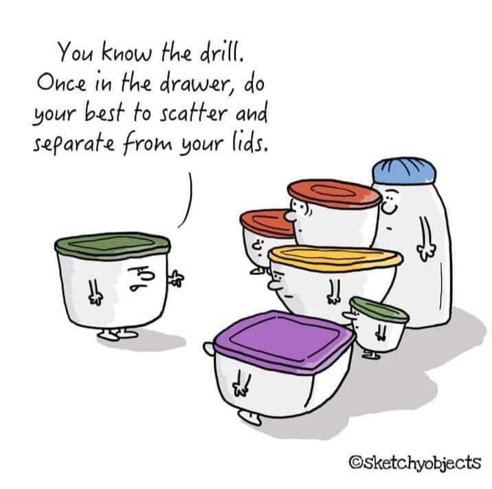 Frustrating pet peeves - cartoon - You know the drill. Once in the drawer, do your best to scatter and separate from your lids. 901 sketchyobjects