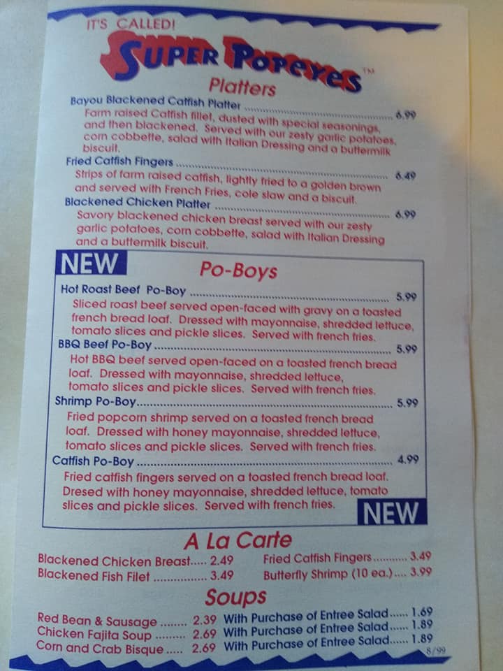 A sample of the Super Popeyes menu