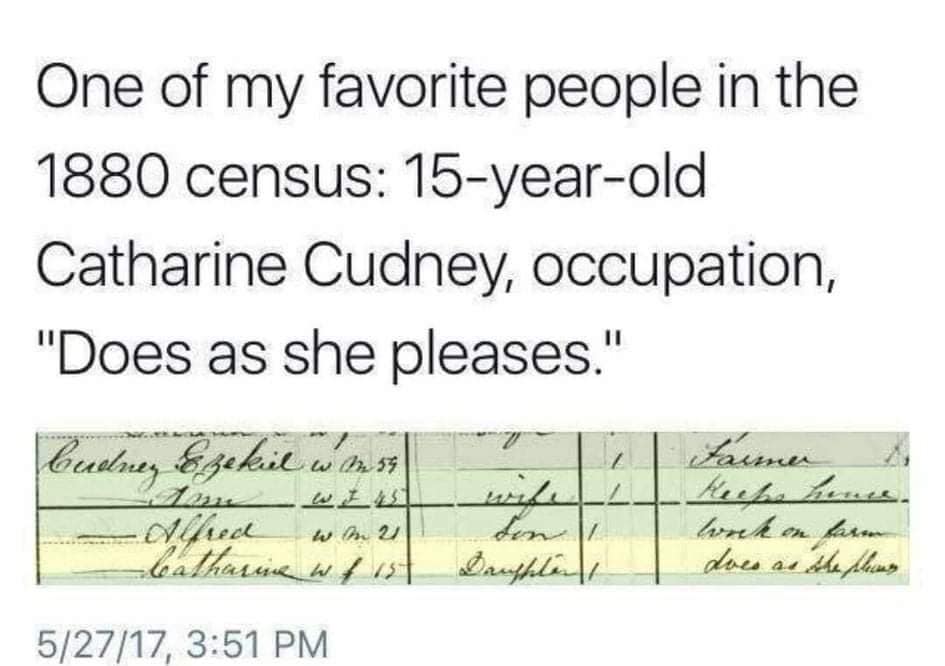 handwriting - One of my favorite people in the 1880 census 15yearold Catharine Cudney, occupation, "Does as she pleases." budne Ezekil wh53 , . wan Jaume Heeze hence. Alfred lonk en las Cathasia W vs Daughten does as the plans w on 21 52717,