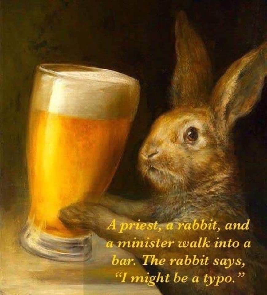 religion memes - priest rabbit and a minister - A priest, a rabbit, and a minister walk into a bar. The rabbit says, "I might be a typo.