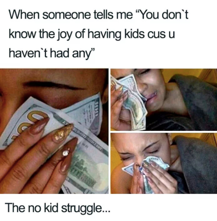 dont have kids meme - When someone tells me "You don't know the joy of having kids cusu haven't had any' Weg 2 The no kid struggle...