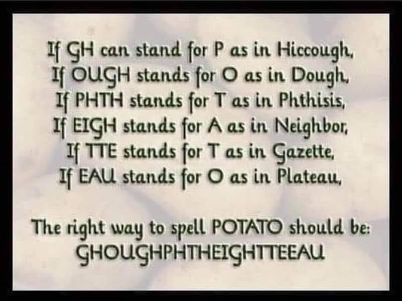 crazy realizations - handwriting - If Gh can stand for P as in Hiccough, If Ough stands for O as in Dough, If Phth stands for T as in Phthisis, If Eigh stands for A as in Neighbor, If Tte stands for T as in Gazette, If Eau stands for O as in Plateau, The 